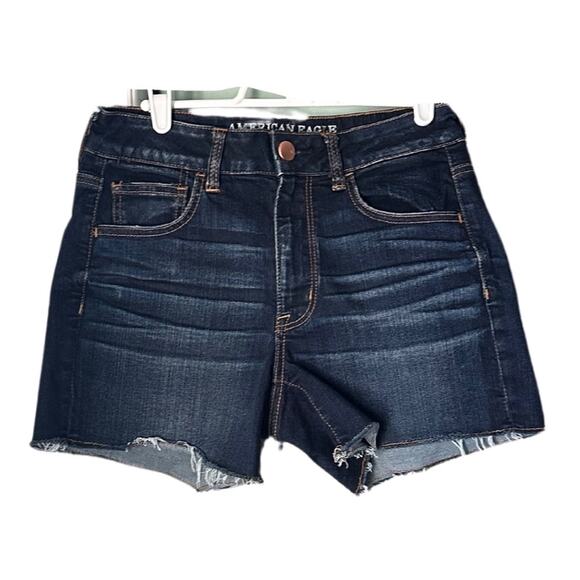 American Eagle Hi Rise Shortie Dark Wash Distressed Hem Longer Inseam Nice T35 - Picture 1 of 7